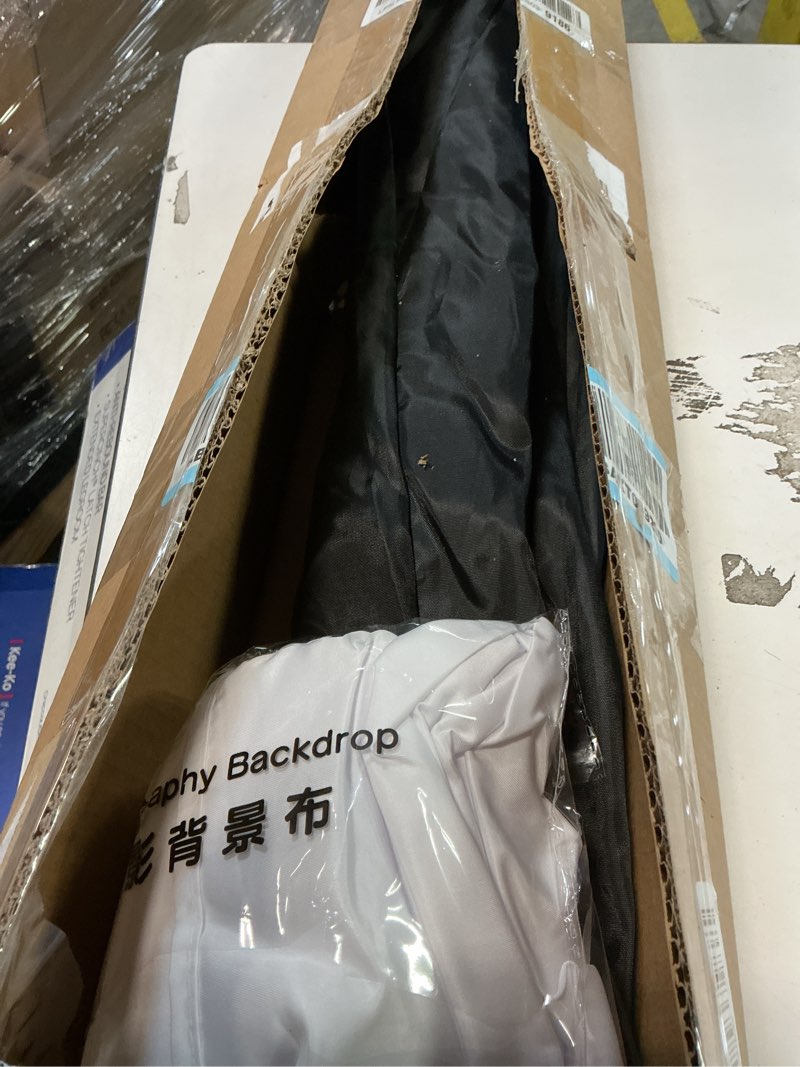 Condition photo showing Good Condition for White Backdrop with Stand for Photoshoot, 5X6.5ft White Photo Backdrop with T Shape Background Backdrop Stand for Photography, Portable Photo Backdrop Curtain Stand Kit w Carrying Bag 5 Spring Clamps 5 x 6.5 Ft White