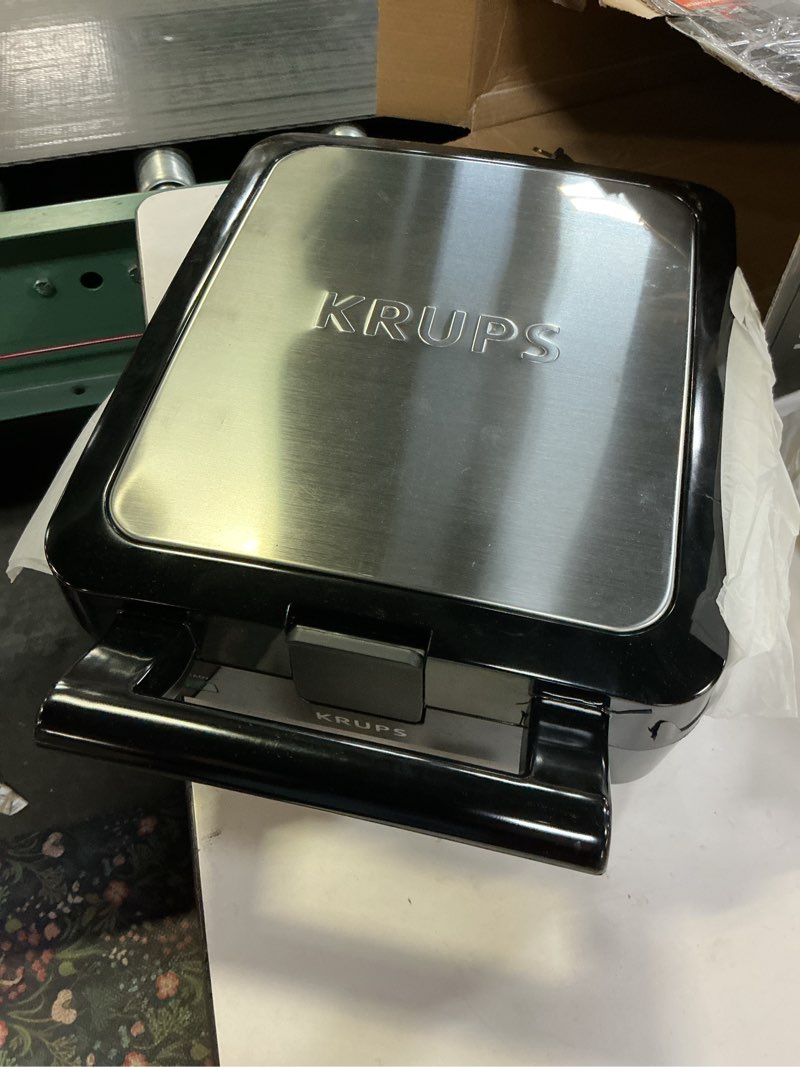 Condition photo showing As Is for KRUPS 4-Slice Belgian Waffle Maker: Stainless Steel, 5 Browning Levels, Audible Ready Beep, Removable Plates, 1200W, Silver/Black, Large Waffle Maker Family Size, Great for Family Breakfasts