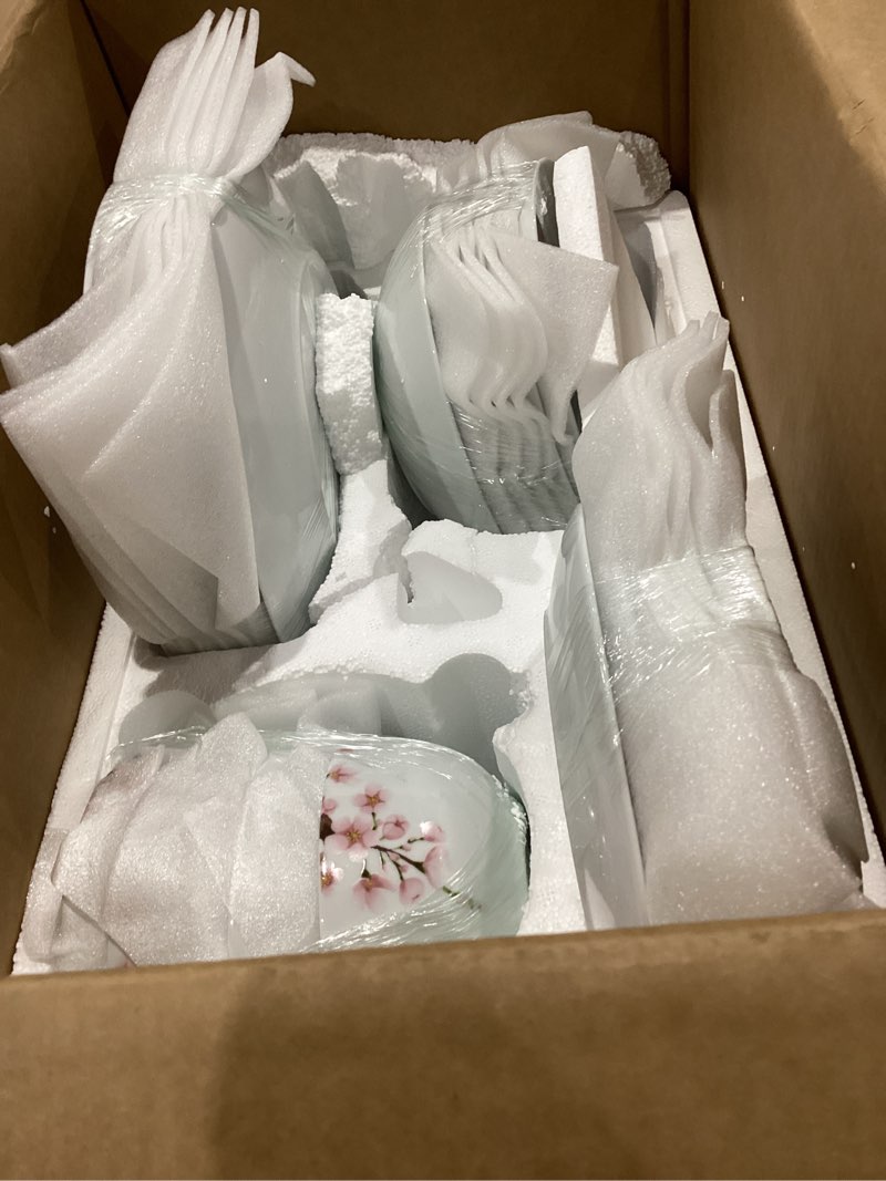 Condition photo showing As Is for veweet, series annie, dinnerware sets including porcelain plates sets, bowls, mugs, egg cups, cup and saucer set, milk jug and sugar pot set, microwave and dishwasher safe(incomplete