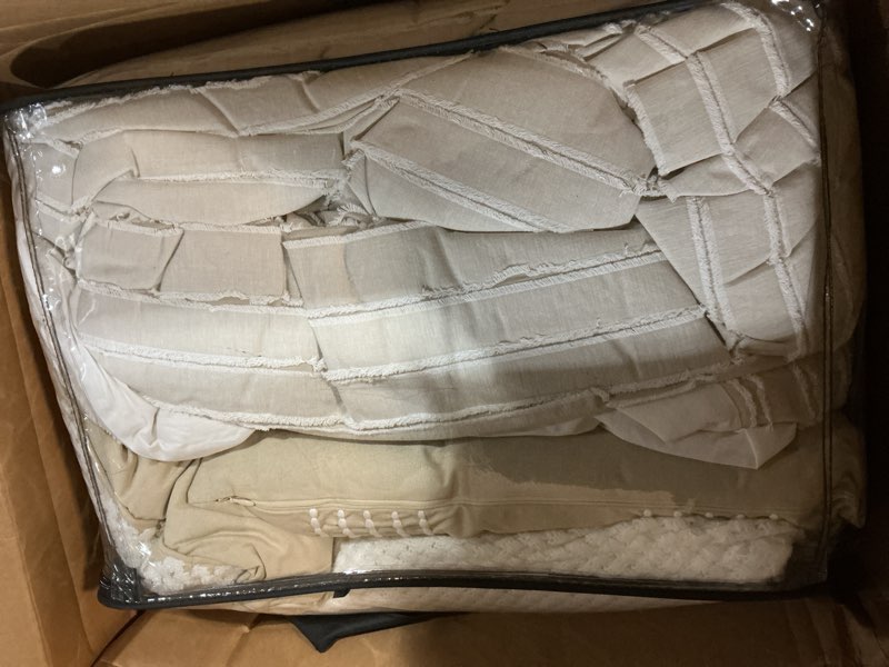 Condition photo showing Good Condition for madison park queen comforter set clipped jacquard stripes with buttons boho comforter for a queen-size bed, cotton oversized comforters with removable cover boho bedding, queen ivory 8 piece ivory queen