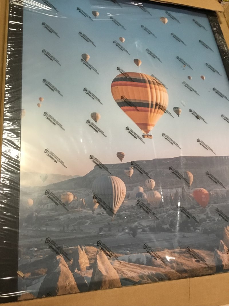 Condition photo showing As Is for HAUS AND HUES Hot Air Balloon Poster - Colorful Balloon Decorations, Festive Summer Wall Decor, Beautiful Scenery Wall Art (Black Frame, 12x16)
