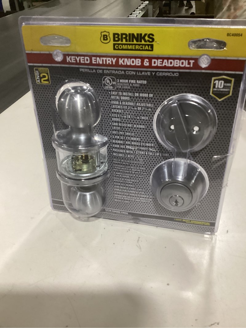 Condition photo showing As Is for BRINKS Commercial - Keyed Entry Door Knob with Deadbolt Set, Satin Chrome Finish - Meets ANSI Grade 2 Standards