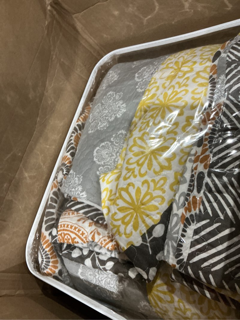Condition photo showing Good Condition for lush decor bohemian stripe reversible cotton quilt set, 3 piece set, full/ queen, yellow & gray - striped bedding set - yellow quilts queen size - boho decor yellow & gray full/queen