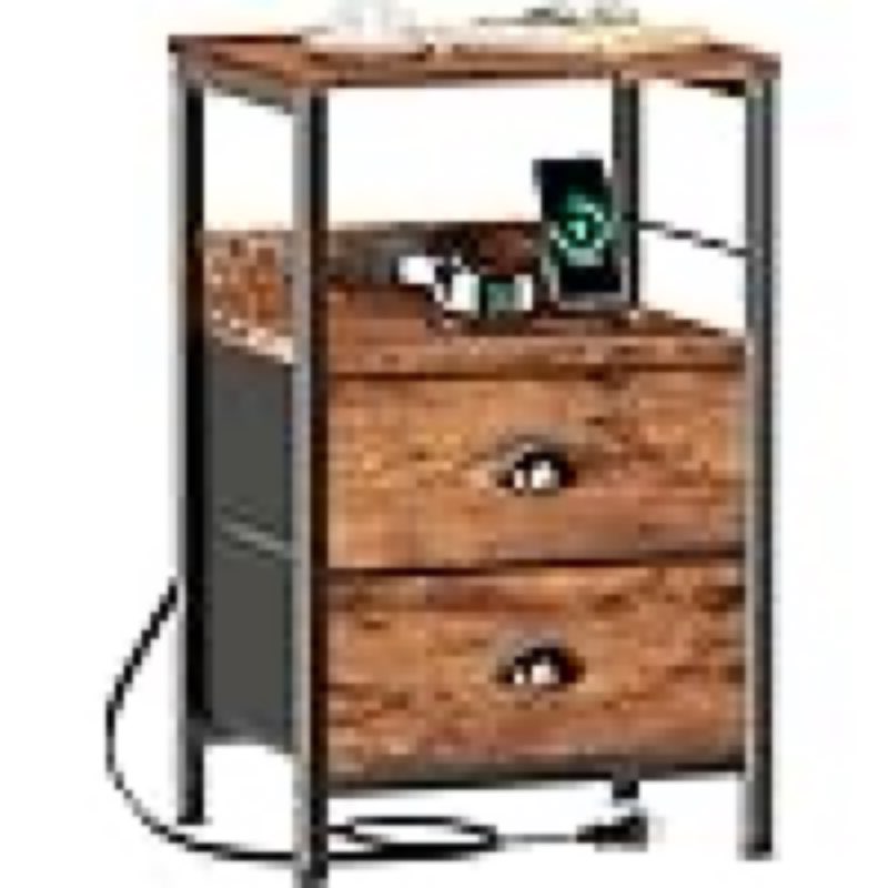 furologee end table with charging station, nightstand with fabric drawers, side table with usb ports & outlets, night stand with storage shelf & hooks, for living room/bedroom, rustic brown