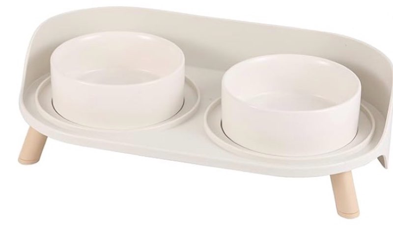 raised cat food and water bowl set - elevated ceramic dishes with non-slip stand and splash guard for small dogs - 2 x 320 ml (4.9 oz) - white