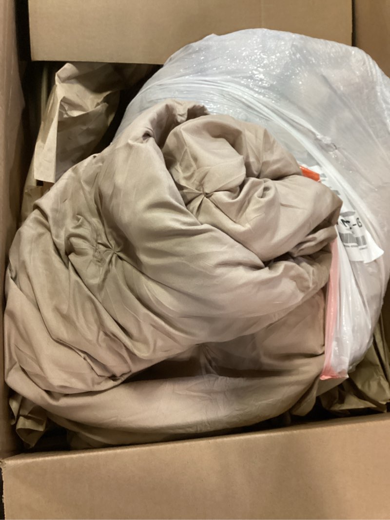 Condition photo showing As Is for bedsure california king comforter set khaki - bed in a bag cal king bedding set 7 pieces, gentlesoft™ pintuck bed set gift for family, pinch pleat khaki comforter with sheets, pillowcases & shams california king 14 - khaki