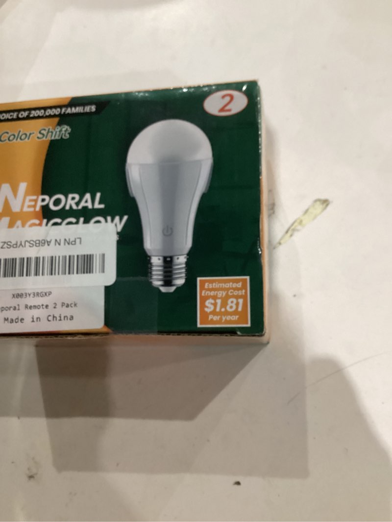 Condition photo showing Good Condition for neporal magicglow rechargeable light bulbs with remote, 3 colors shift + dimmable battery powered light bulbs, usb rechargeable, a19 standard emergency led light bulbs, 15w, up to 24 hours, 2 pack ?3000-6000k 2.0