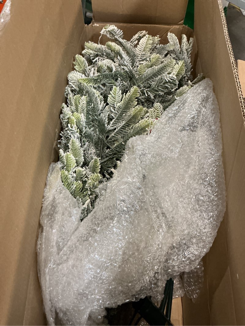 Condition photo showing Good Condition for Puleo International 6.5ft Pre-Lit Slim Flocked Aspen Fir Christmas Tree with 350 Clear Lights, 760 Realistic Dense Snow Flocked Branch Tips, Easy Setup Artificial Trees with Sturdy Metal Stand 6.5' Slim Flocked Aspen Fir with 350 Clear Lights Christmas Tree