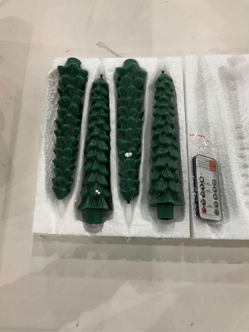 Condition photo showing New/Like New for Christmas Tree Candles with Remote Timer, 4 Pcs Waxy Flameless Taper Candles Flickering, Battery Operated LED Candlesticks with 3D Flame Wick, Green Window Candle for Christmas Decorations 5-Christmas Treex4