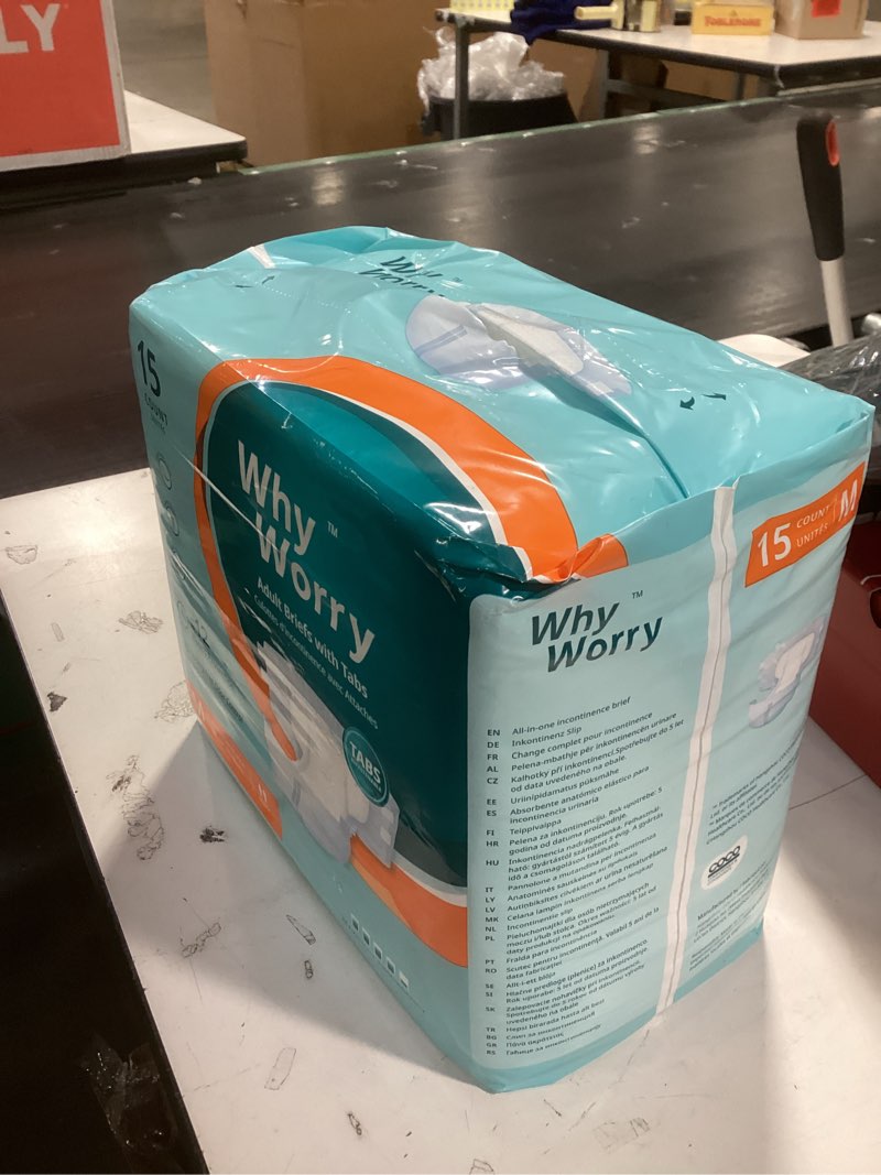 Condition photo showing New/Like New for WhyWorry Adult Diapers with Tabs, Disposable Incontinence Briefs for Women & Men with Maximum Absorbency, Adult Briefs for Incontinence Overnight, Odor Control, Unisex, Medium, 15 Count Medium 15