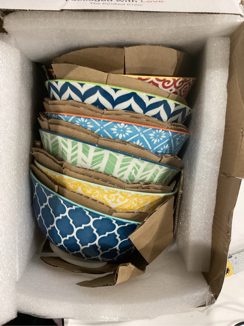 Condition photo showing Good Condition for KooK Colorful Bowl, Ceramic Porcelain Bowls for Cereal, Fruit, Vibrant Patterned, Multi Color Designs, Housewarming Gift and Kitchen Decor for Soup, Salad, Set of 6, 18oz (Colorful)