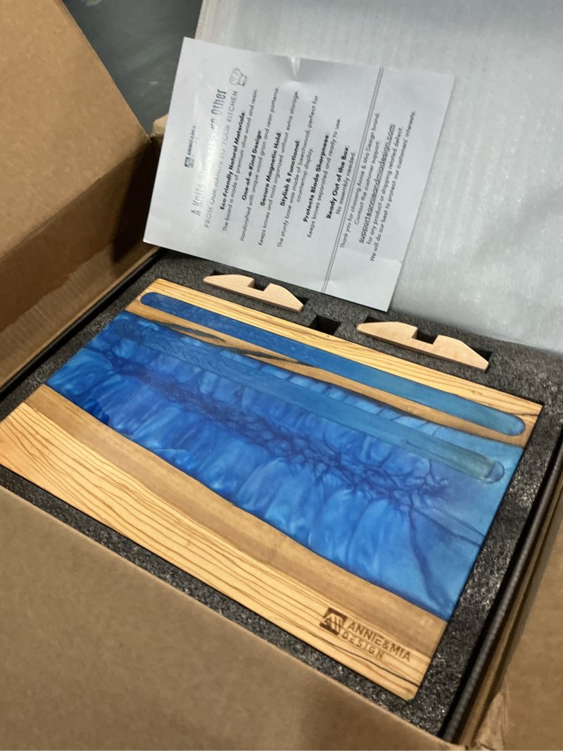 Condition photo showing New/Like New for Annie & Mia Design Blue Epoxy Resin Magnetic Knife Holder Block Made of Premium Olive Wood without Knives Decorative Kitchen Knife Block Resin River Design, Wooden Knife Block Strong Magnets