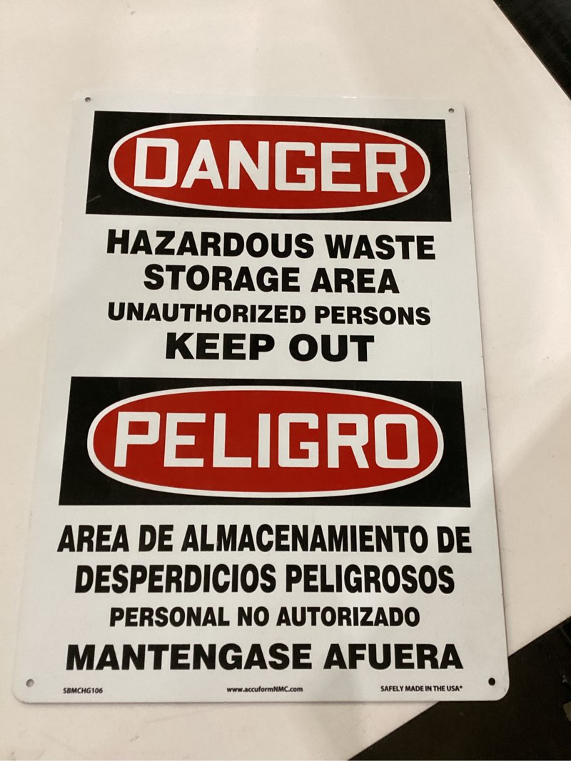 Accuform SBMCHG106VA Aluminum Sign, Legend "DANGER HAZARDOUS WASTE STORAGE AREA UNAUTHORIZED PERSONS KEEP OUT", 20" Length x 14" Width, Red/Black on White