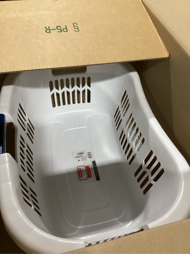 Condition photo showing As Is for rubbermaid large hip-hugger laundry basket/hamper, 1.5-bushel, white, stackable storage bin/organizer for bathroom/bedroom/dorm/home 1.5 bushel large hip hug basket