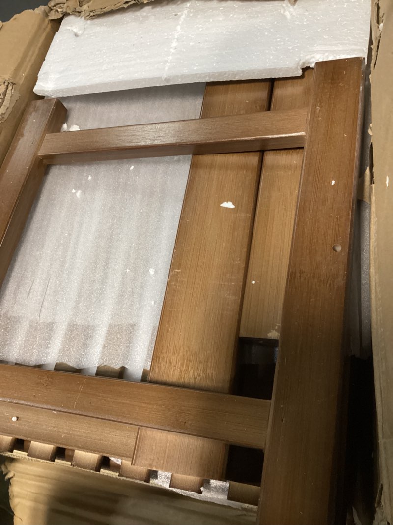 Condition photo showing As Is for Shoe Bench with Hidden Drawer and Side Holder, 2 Tier Entryway Bench with Storage 39.4 in, Bamboo Shoe Rack with Cushion for Entryway Hallway Living Room Bedroom