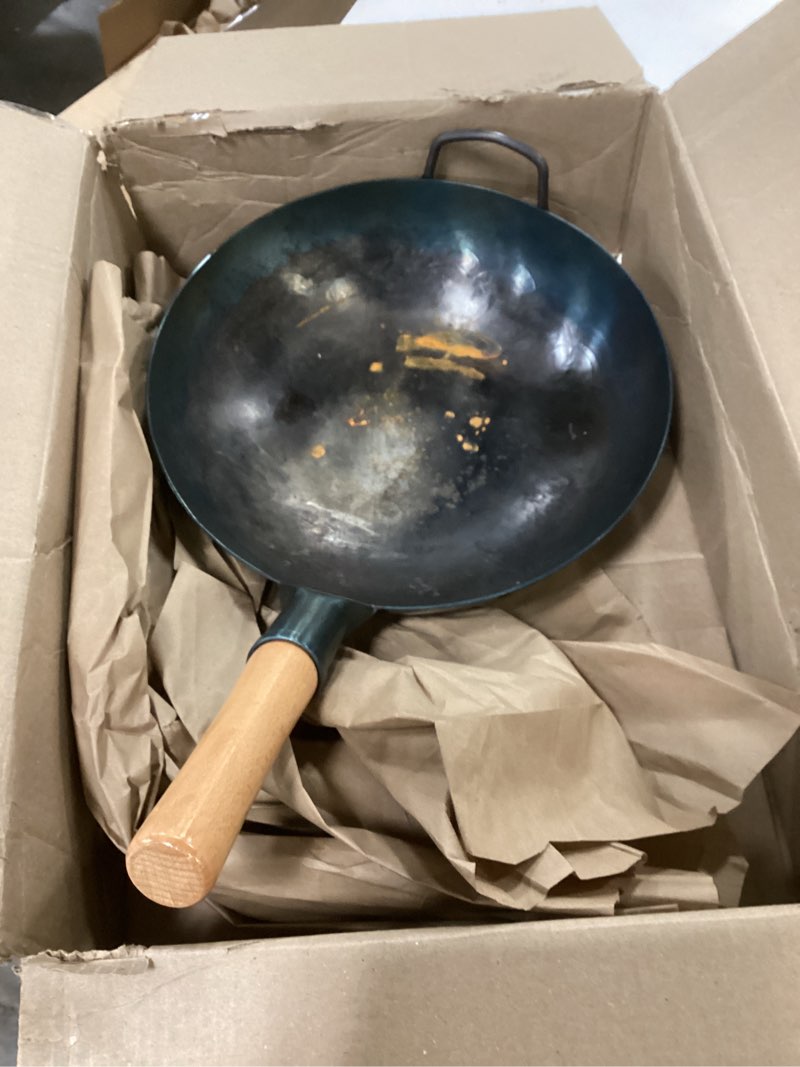 Condition photo showing As Is for YOSUKATA 13.5” Blue Carbon Steel Wok Pan – Pre-Seasoned Flat Bottom Wok Compatible with open fire, g