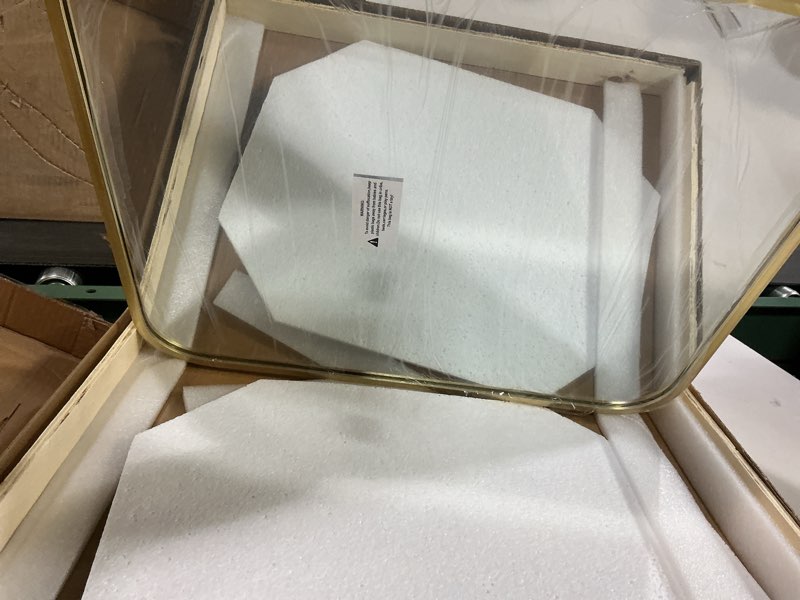 Condition photo showing Good Condition for 16"x20" Brushed Gold Mirror for Wall, Bright Gold Rounded Rectangle Mirror with Metal Frame Hanging for Bathroom Entryway Vanity,Living Room,Bedroom,Vertical or Horizontal 20"L x 16"W Brushed French Gold