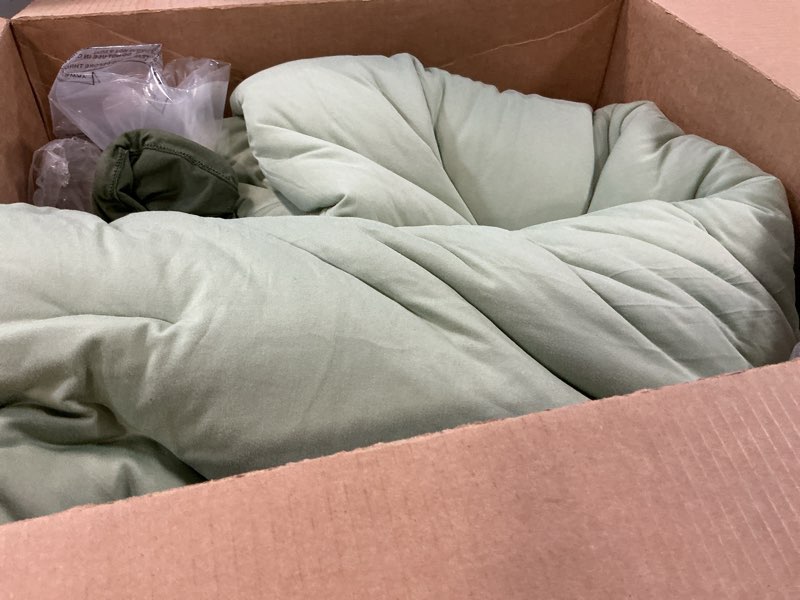 Condition photo showing As Is for queen comforter set, comforters queen size luxury and ultra-soft jersey knit bedding sets, sage green/beige lightweight down alternative comforte queen for all season, 3 piece bedding setrey 01-sage / beige queen(88"x90")