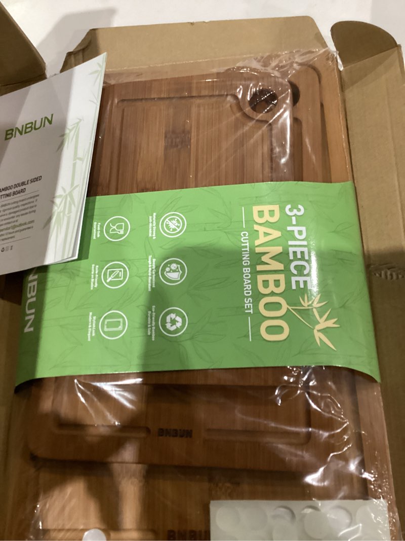 Condition photo showing Good Condition for Bamboo Cutting Board for Kitchen Meal Prep & Serving, 3-Piece Wooden Set with Juice Grooves, Side Handles, Non-Slip Mats – Ideal for Meat, Veggies, Fruit – Ideal Gift for the Home (S+M+XL? Carbonized brown 15" x 10"(S+M+XL?