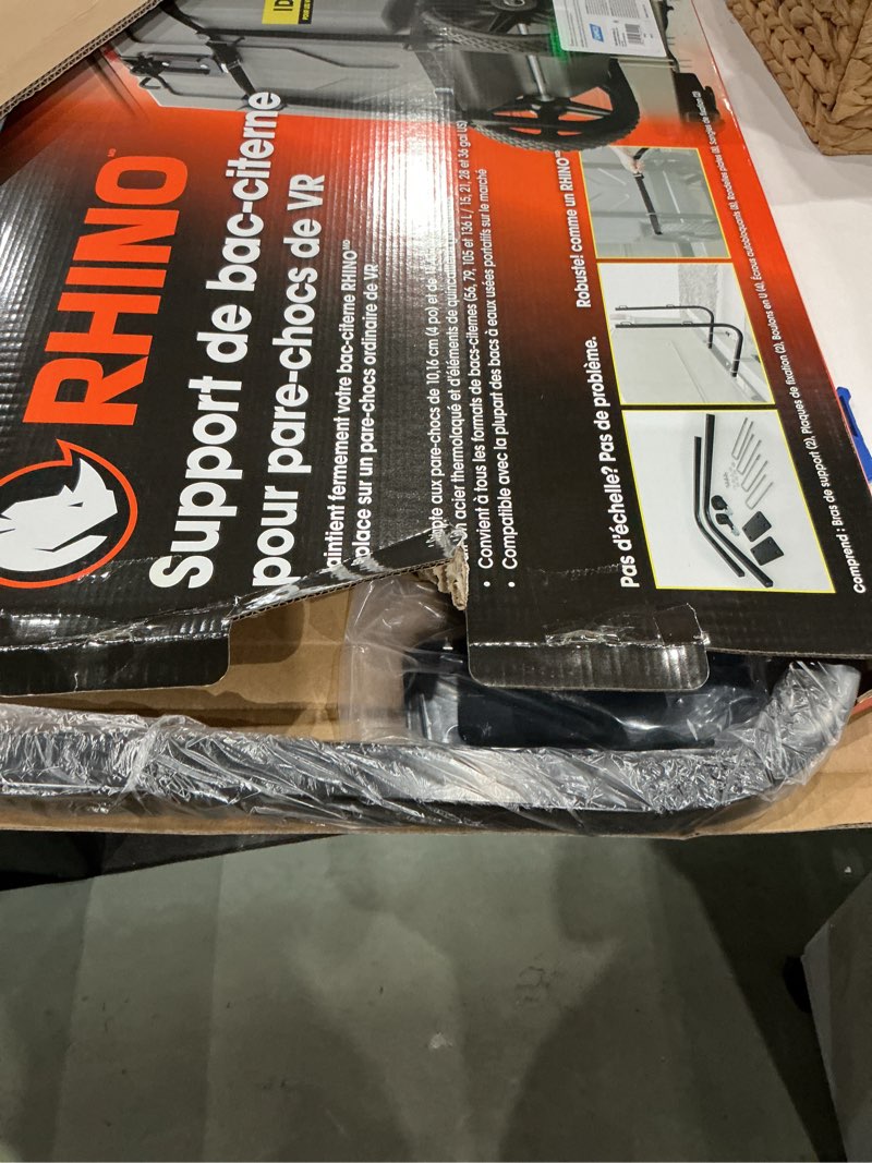 Condition photo showing Good Condition for camco rhino rv bumper mount tote tank holder - features a powder-coated steel construction, heavy-duty straps, and fits both 4-inch and 4-1/2-inch bumpers (39010) one size tote tank bumper mount holder