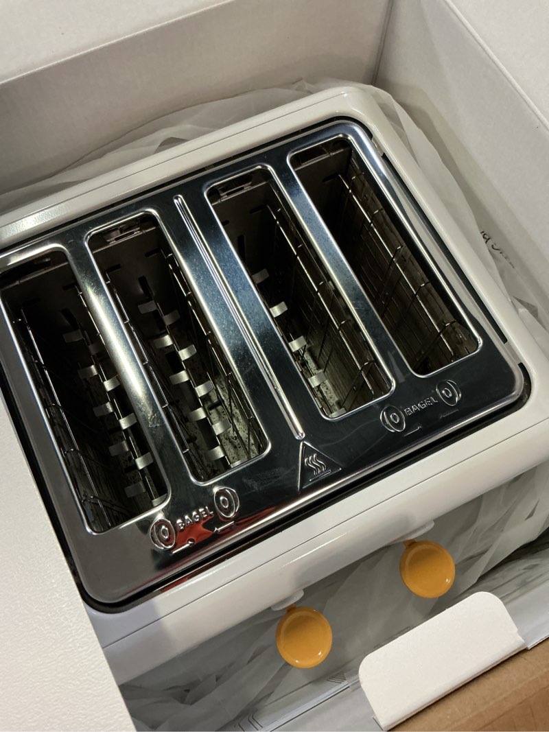 Condition photo showing As Is for buydeem dt640 4-slice toaster, extra wide slots, stainless steel with high lift lever, bagel and muffin function, removal crumb tray, 7-shade settings, arctic white 4-slice arctic white