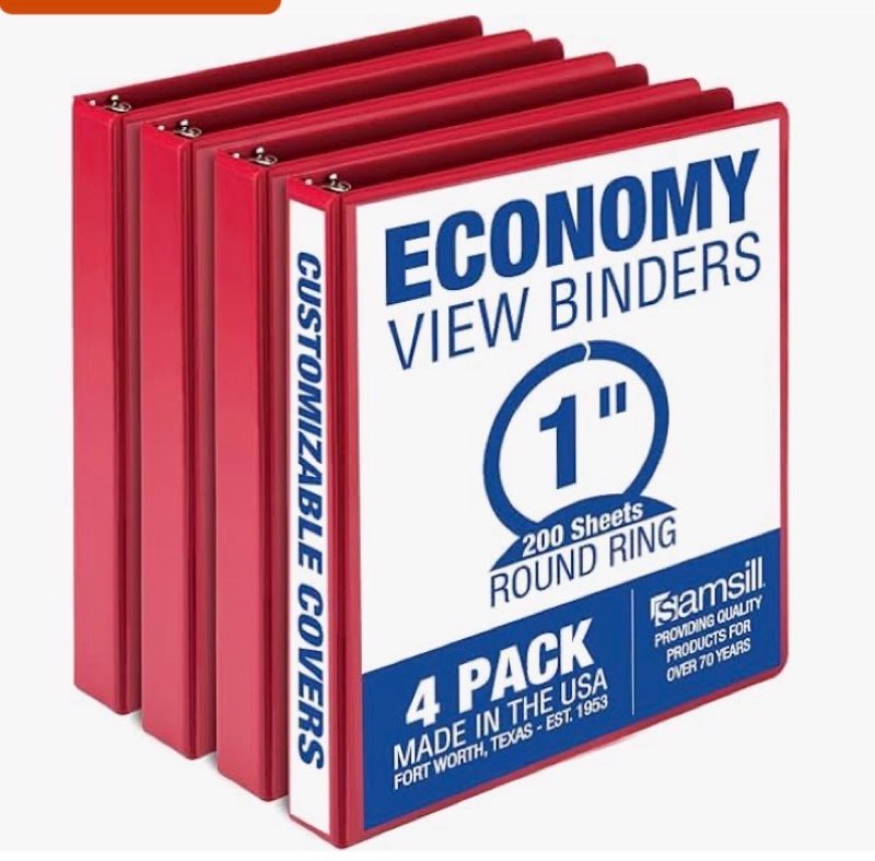 samsill 1 inch 3 ring binders, made in usa, economy round ring, clear view cover, 200 sheet capacity - for school, home, office - red, 4 pack
