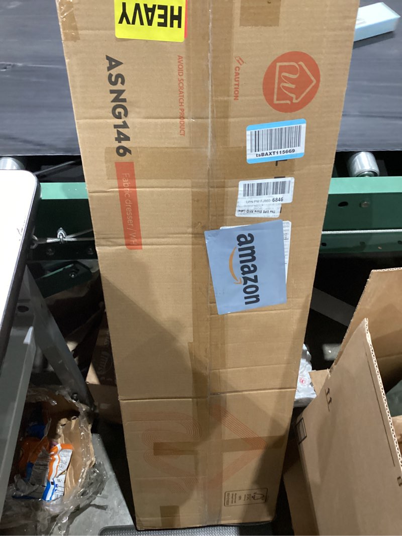 Condition photo showing As Is for WLIVE 47''W Dresser for Bedroom, White Dresser TV Stand for 45, 50, 55 inch TV, Wide Chest of Drawers with 9 Drawer, Large Entertainment Center, Fabric Dressers with Wood Top for Closet, Living Room White Regular Size