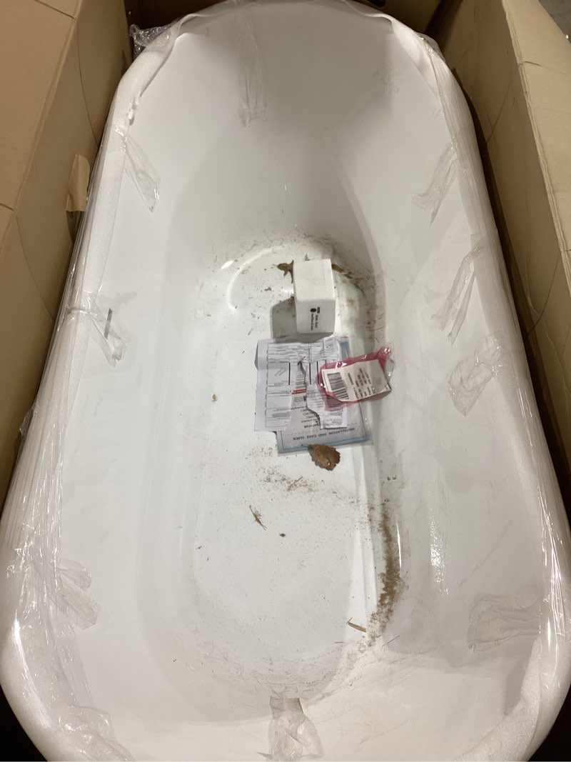 Condition photo showing As Is for woodbridge 67" acrylic freestanding bathtub contemporary soaking white tub with matte black overflow and drain,b0010-mb