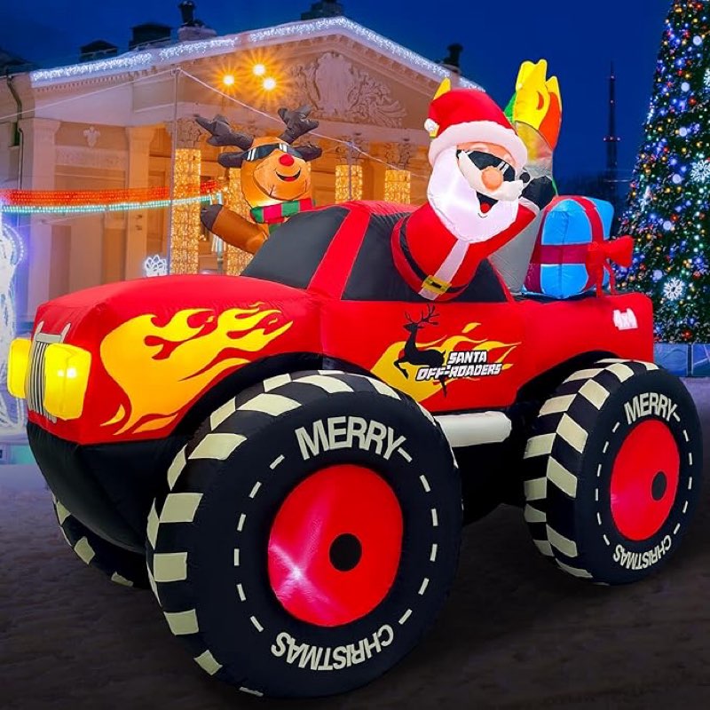 eaone 7ft christmas inflatable outdoor decoration, inflatable santa claus & reindeer on monster truck, blow up yard decorations led lighted for yard, garden, lawn, home xmas holiday decor