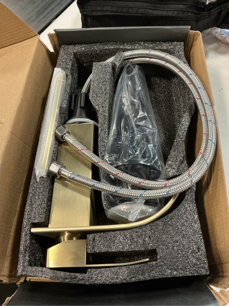 Condition photo showing Good Condition for brushed gold bathroom faucets, waterfall bathroom sink faucet single handle bathroom faucet for 1 or 3 hole, mixer tap vanity faucet with deck plate, pop-up drain and supply hoses a-brushed gold short