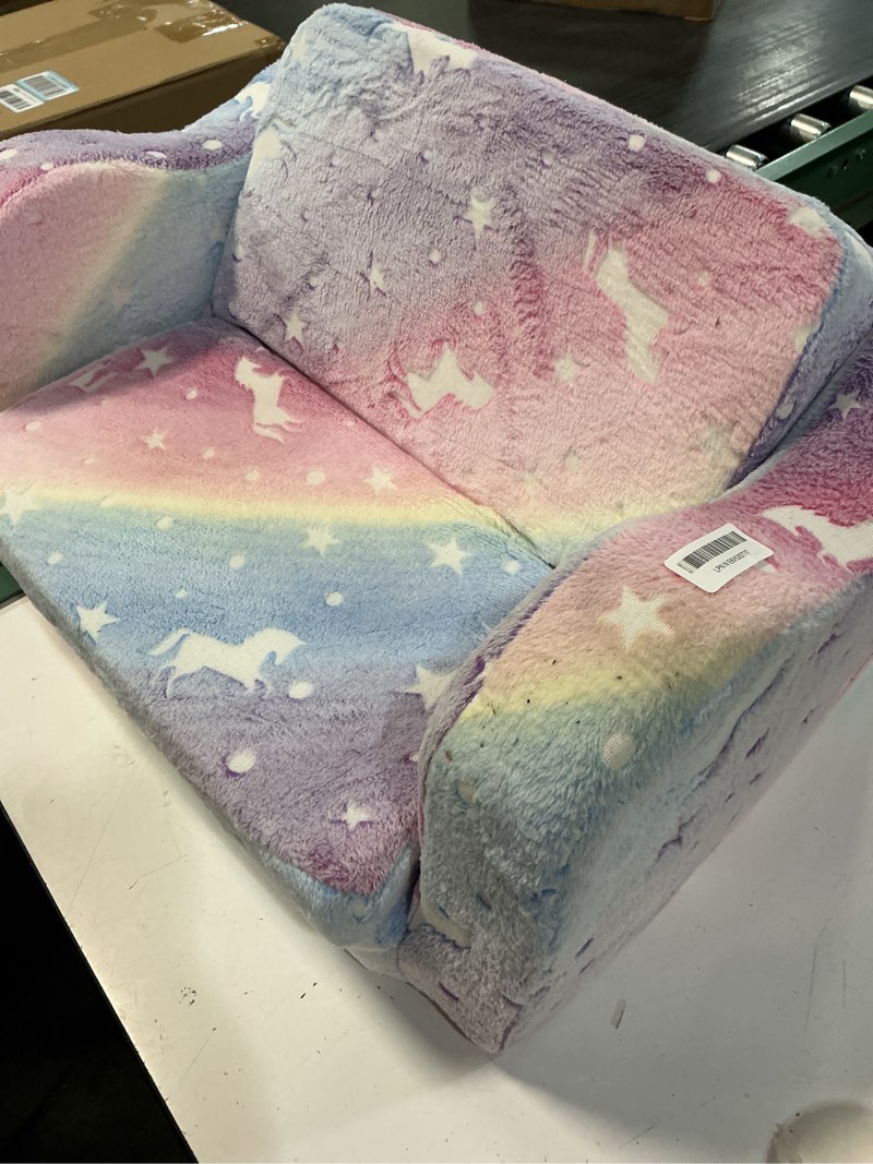 Condition photo showing As Is for memorecool glowing rainbow unicorn kids chair - convertible 2-in-1 fold-out kids couch for girls, glow-in-the-dark plush sofa with washable cover, soft foam lounge seat for playroom and reading | relaxing,gift giving rainbow unicorn polyester