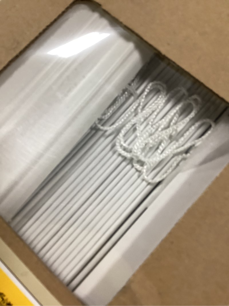 Condition photo showing As Is for allen + roth 2-in slat width 27-in x 60-in cordless white faux wood room darkening horizontal blinds