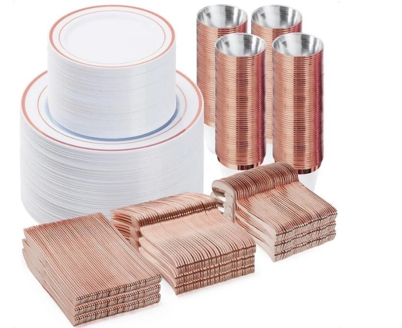 600pcs plastic dinnerware set (100 guests), rose gold disposable plates for party, wedding, anniversary, includes: dinner plates, dessert plates, cups, spoons, forks and knives