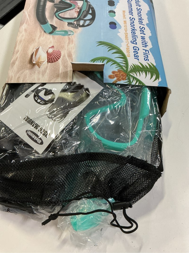 Condition photo showing Good Condition for snorkeling gear for adults men women,4 in 1 snorkel set with panoramic view diving mask anti-fog anti-leak,dry top snorkel,fins and travel bag for swimming,snorkeling and travel diving blue small-medium