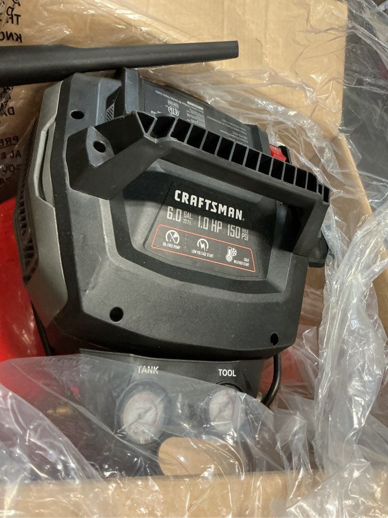 Condition photo showing As Is for craftsman 6-gallon portable electric 150 psi pancake air compressor