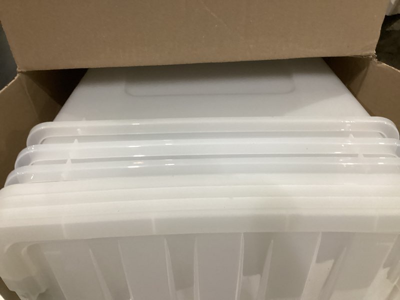 Condition photo showing Good Condition for iris usa 40 qt stackable plastic storage bins with lids, 4 pack - bpa-free, made in usa - see-through organizing solution, latches, durable nestable containers, secure pull handle - clear clear 40 qt 4 pack