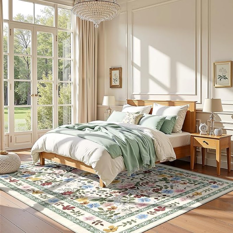 Deerly Floral Area Rugs 5x7 Vintage Boho Washable Non-Slip Living Room Carpet Soft Low Pile Thin Bed