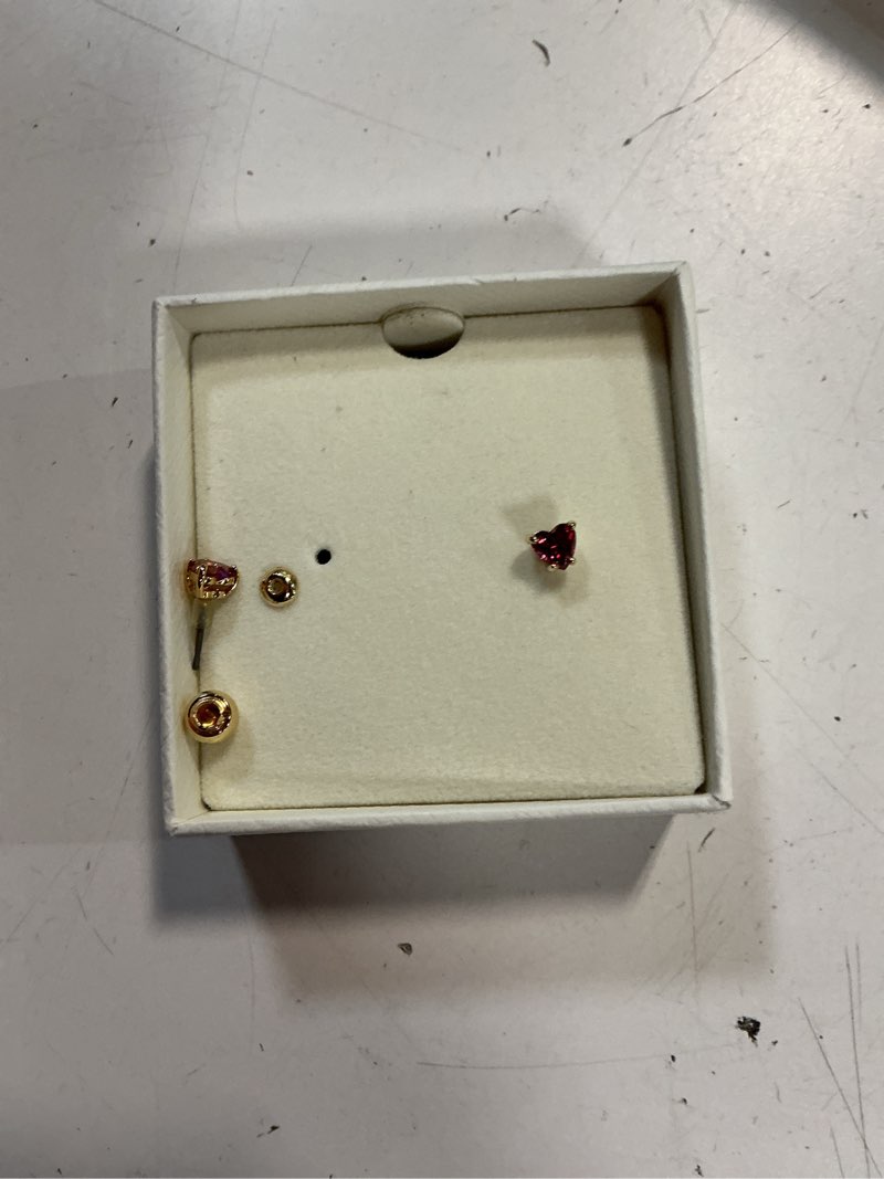 Condition photo showing As Is for swarovski chroma drop crystal earrings, gold tone finish, rhodium finish, latch back closure elegant, romantic red heart red crystal heart shaped