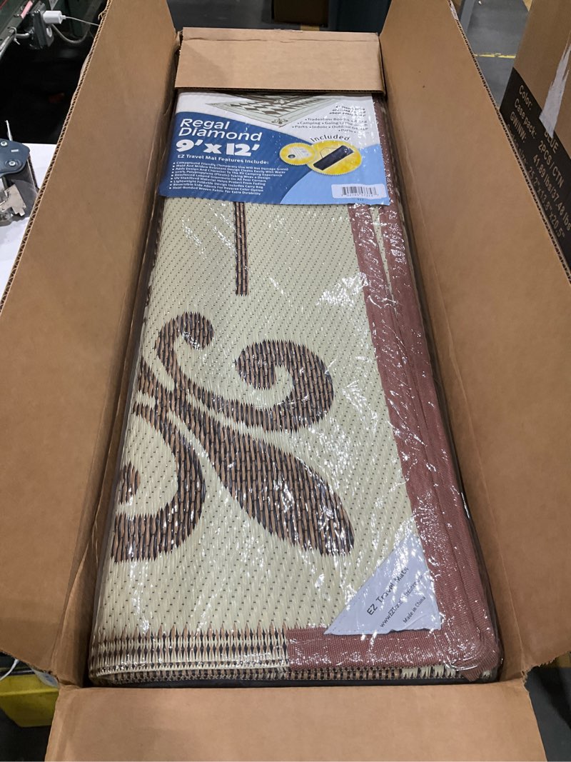 Condition photo showing New/Like New for professional ez travel collection reversible rv outdoor rug for backyards, beaches, camping grounds, patios, and more, storage bag and mat stakes included, beige/diamond (9x12)
