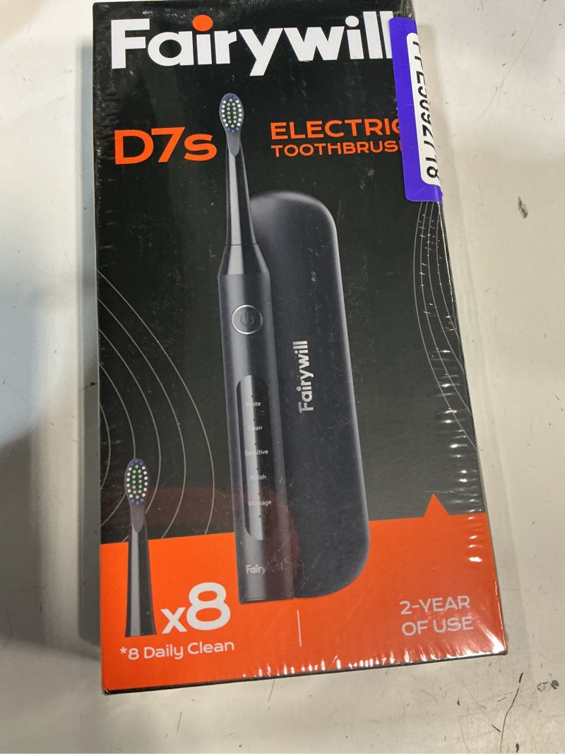 Condition photo showing New/Like New for fairywill d7s pro sonic electric toothbrush for adults and kids, rechargeable kit with 8 dupont brush heads & travel case, 47000 vpm, 5 modes, fast charge, 60-day battery, ipx7 waterproof, black