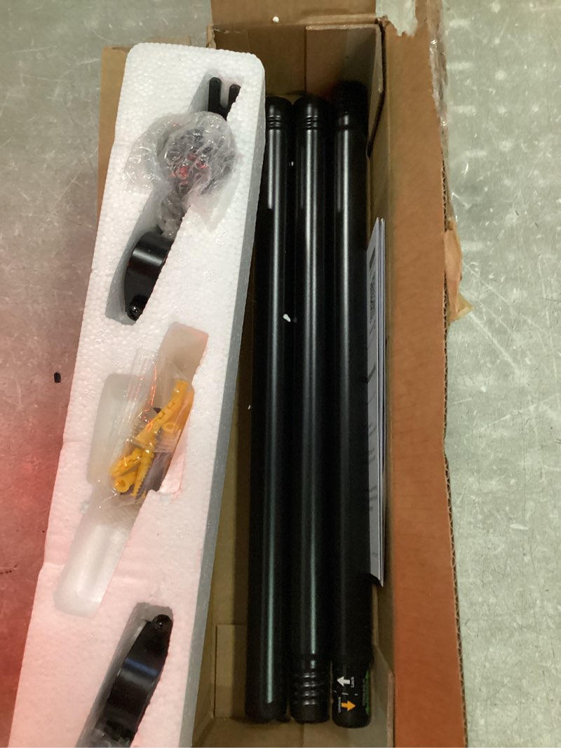 Condition photo showing As Is for yafex curtain rods 32-58 inch, heavy duty 1 inch adjustable curtain rod for windows, black short window treatment rods, modern design, easy installation