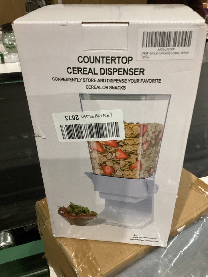 Condition photo showing As Is for Cereal Dispenser Countertop, 5L Cereal Containers Storage Dispenser for Pantry, Large Dry Food Cereal Dispenser, Not Easy to Crush Cereal, Can Hold Oatmeal, Candy, Snack, Grain, Pet Food (White, 1Pc)