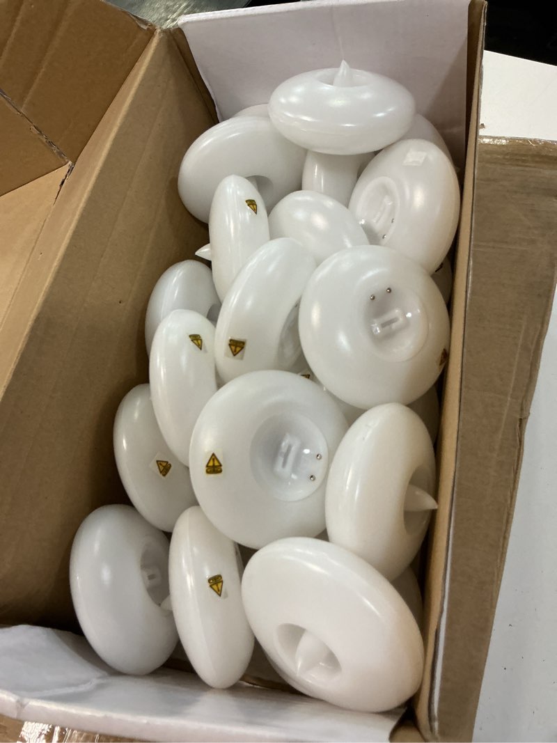 Condition photo showing Good Condition for homemory 24 pack 3” flameless led floating candles, 200 hour white battery operate waterproof tealights for cylinder vases, centerpieces at wedding decor, party, pool white base 24 pack