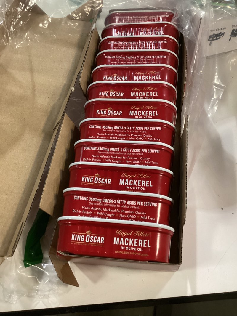 Condition photo showing New/Like New for (bbd:02/04/2031) king oscar mackerel in olive oil, 4.05 ounce can (pack of 12, packaging may vary), skinless & boneless, wild caught canned mackerel mackerel fillets in olive oil 4.05 ounce (pack of 12)