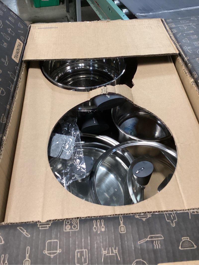 Condition photo showing As Is for Meythway 14-Piece Stainless Steel Cookware Set for Induction Stovetops – Non-Toxic Pots & Pans with Stay-Cool Handles, Glass Lids, Steamer, Pot Mats & Utensils – Dishwasher Safe Kitchen Cookware Silver 14-Piece