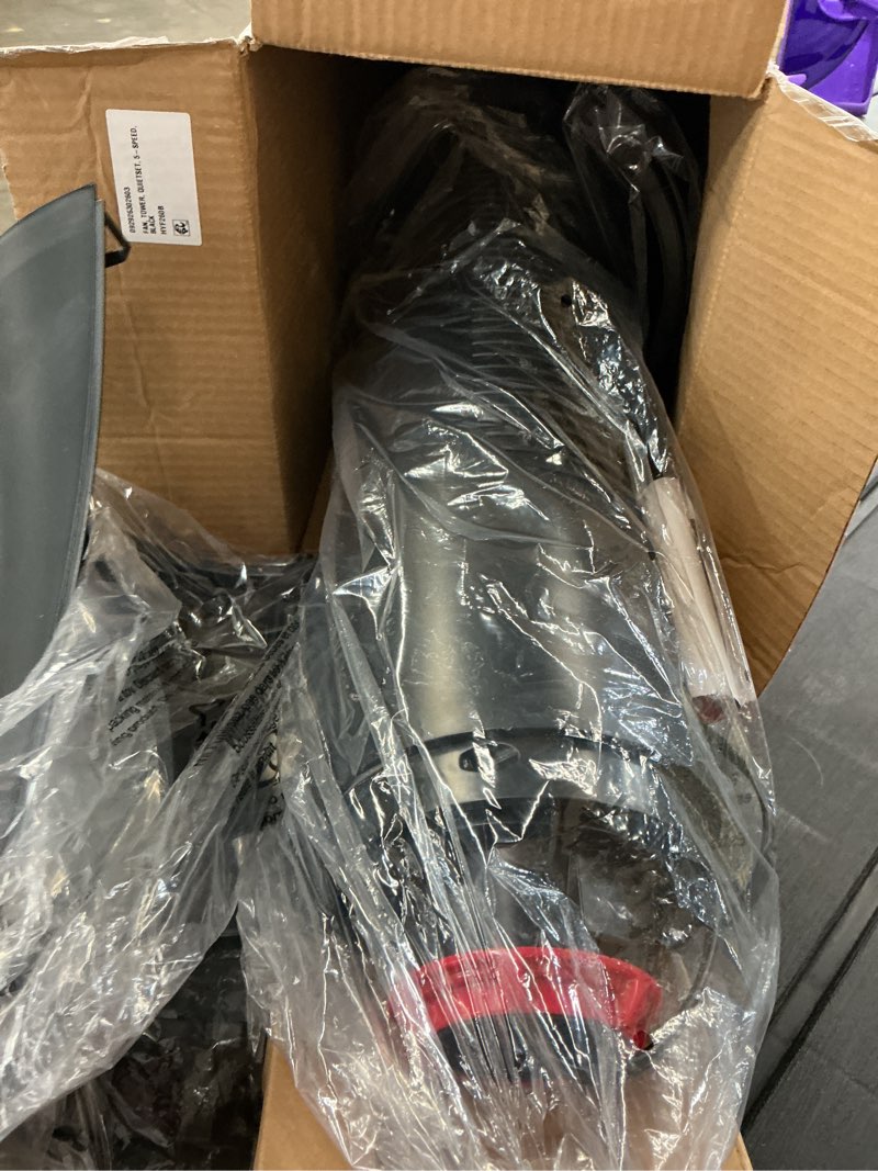 Condition photo showing As Is for honeywell 40" black quiet set oscillating tower fan, 30ft air circulation power, 5 speed, auto off timer, hyf260b