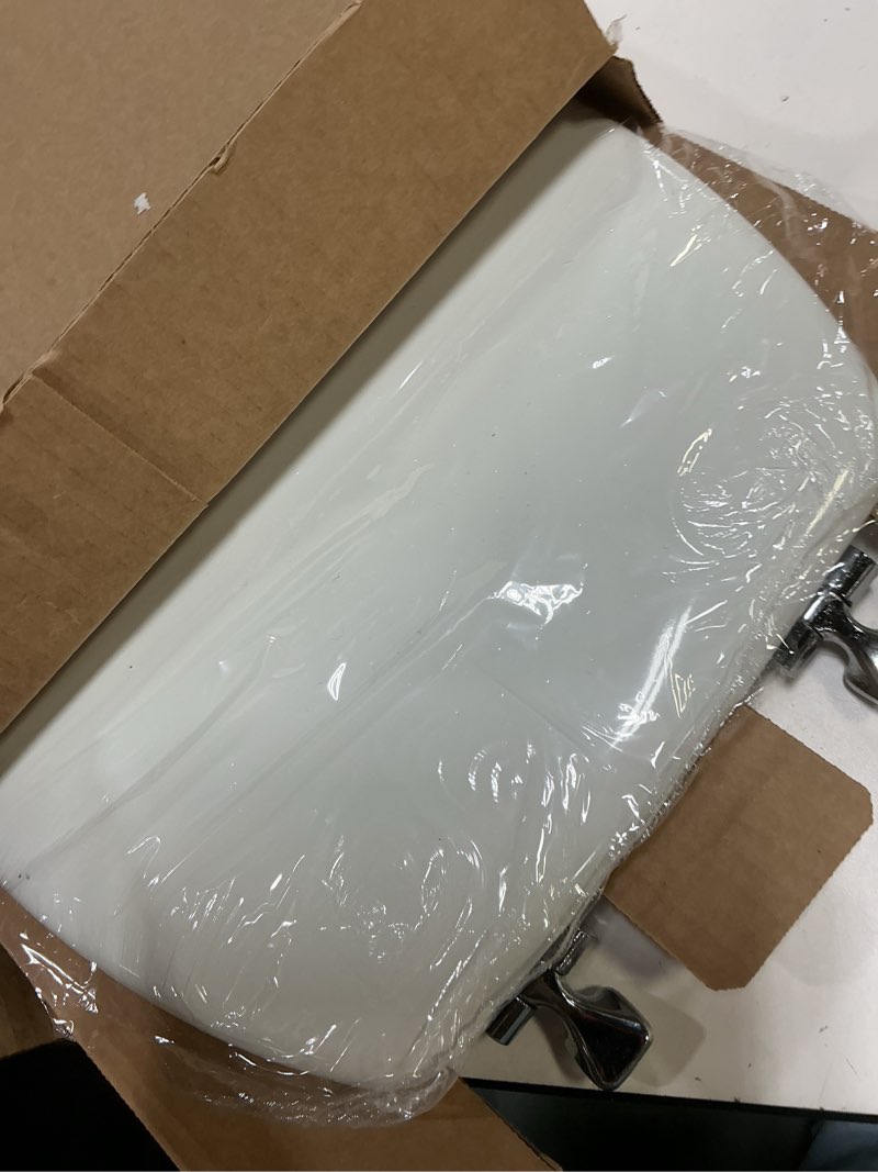Condition photo showing As Is for mayfair bennett toilet seat with chrome hinges, slow close wood seat, secure metal hinges, easy install, made in usa, elongated, white elongated chrome