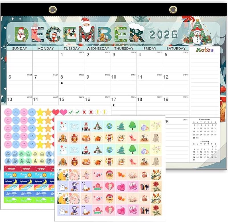 Desk Calendar 2025-2026 Anti Ink Bleed Plastic Cover Ample Space 18 Month Wall Calendar with Stickers 22”x17” Seasonal Desktop Calendar for Home Office Teacher Supplies Colorful