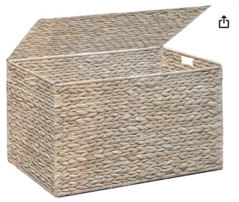 water hyacinth storage basket with lid, 17.2 gallon (65l) wicker storage trunk with handles, handwoven wicker storage bin for blanket, foldable, for living room, laundry room, white