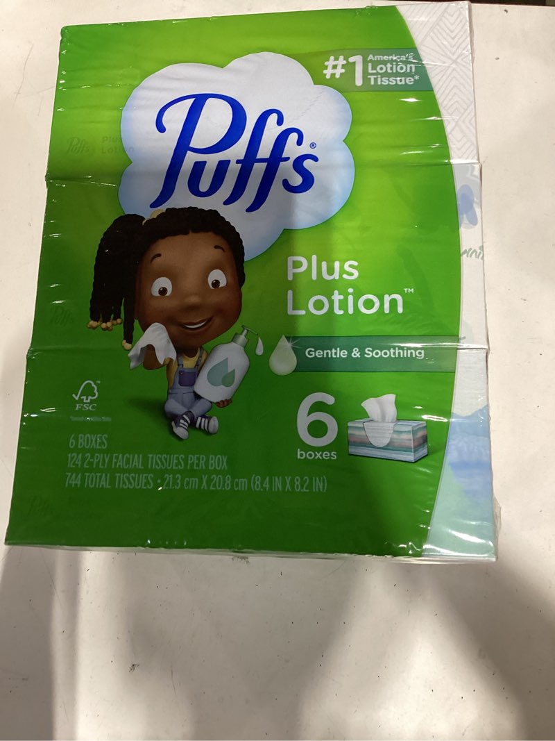Condition photo showing New/Like New for puffs plus lotion facial tissues; 6 family boxes; 124 tissues per box 124 count (pack of 1)